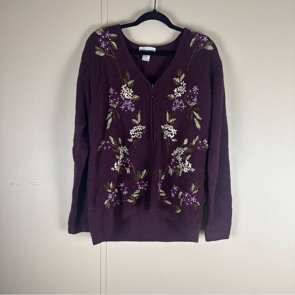 Alfred Dunner Vintage Wool Blend Purple Floral Embriodered Zipup Cardigan Size L - Picture 2 of 6